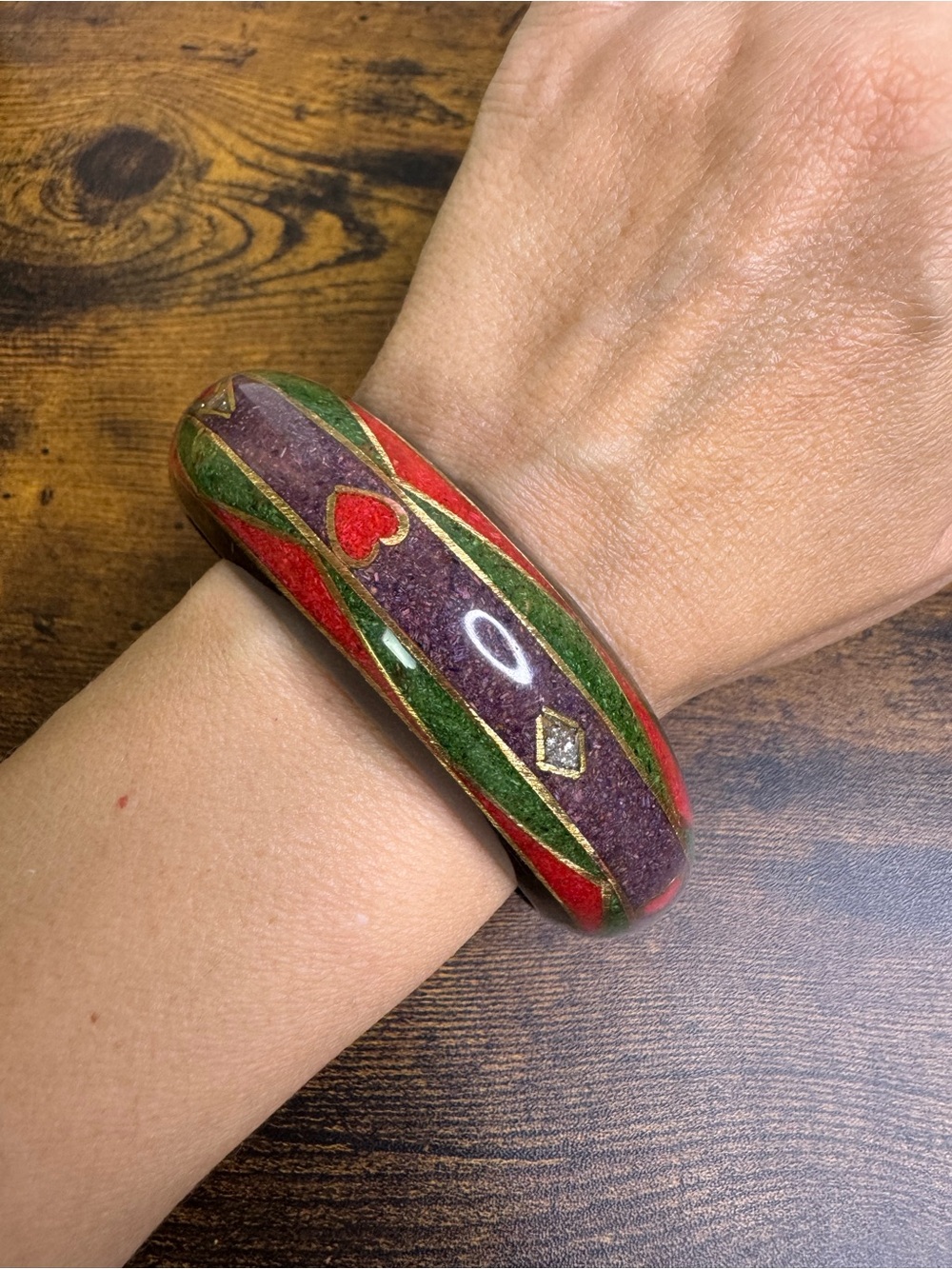 1980’s Art Deco Bangle Bracelet Red Green Purple Geometric Inlay Lacquered 8.5